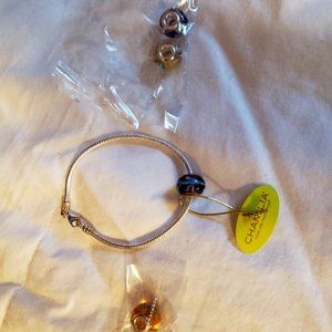 NWT Chamilia Sterling Silver 7 Lobster Clasp Bracelet W/ 4 Murano Glass Beads